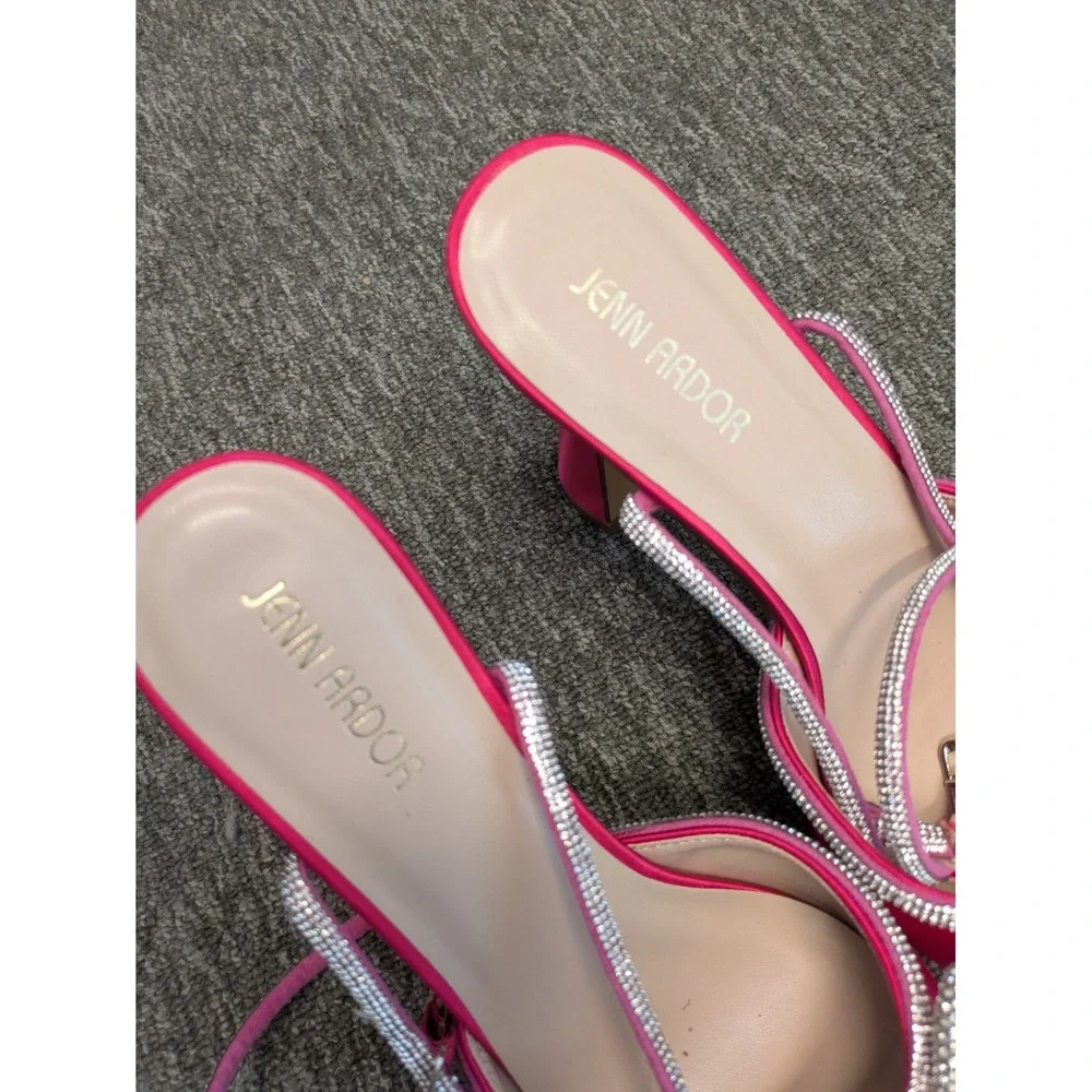 Jenn Ardor Platform Heels‎ Women's 10M Hot Pink Rhinestone Bow Satin Flared Heel